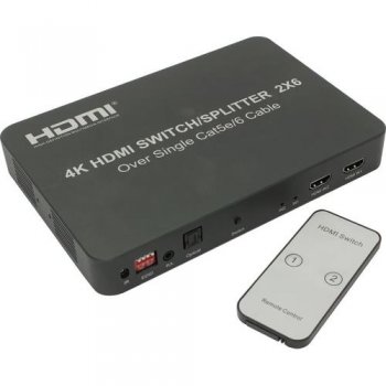 Переключатель + разветвитель видеосигнала Orient <HSP0206VE> HDMI Switch/Splitter/Extender (2in -> 6out, 1.4b, Jack 3.5mm, S-PDIF, ПДУ) + б.п.